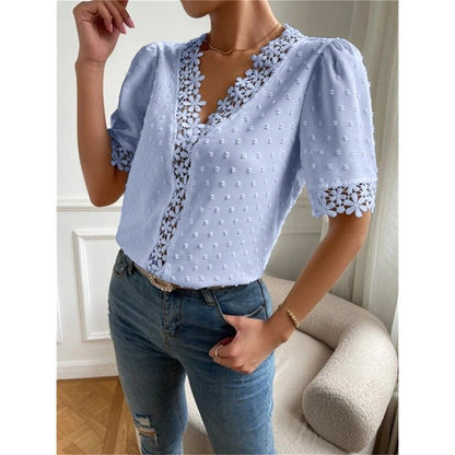 Floral Lace Short Sleeve Shirt Summer Fashion V-Neck Tops Women's Clothing.