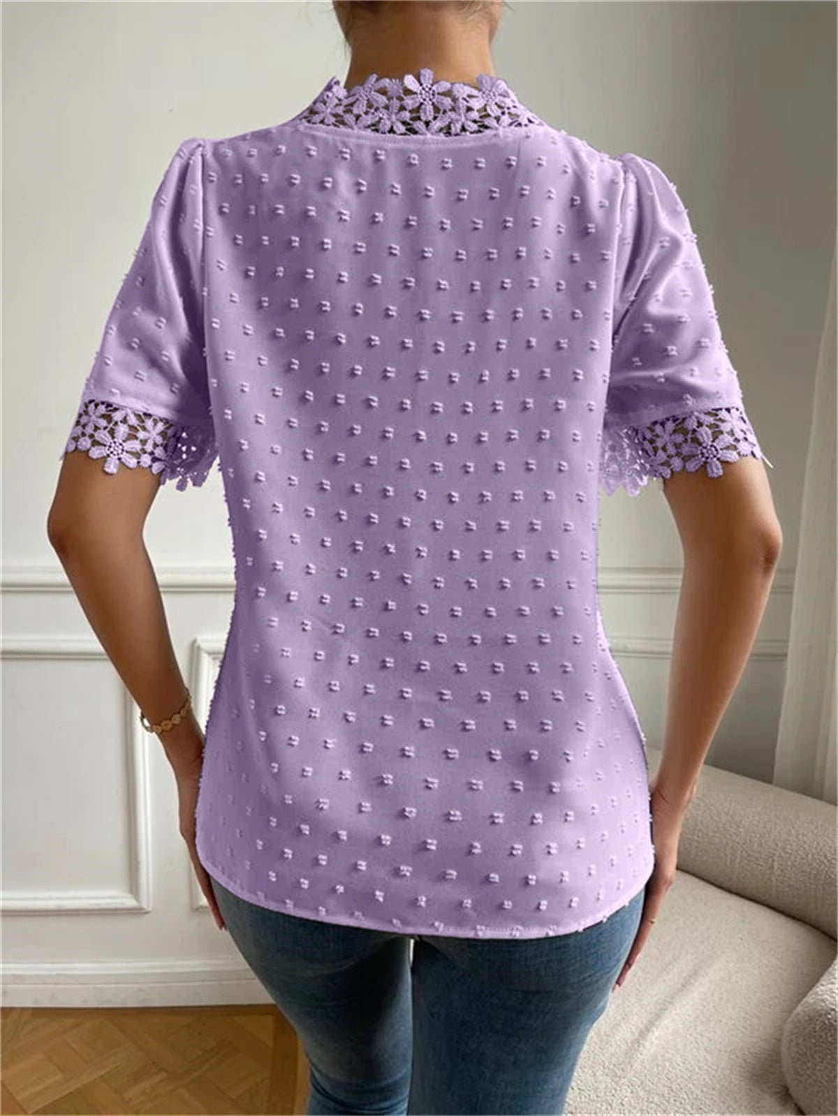 Floral Lace Short Sleeve Shirt Summer Fashion V-Neck Tops Women's Clothing.