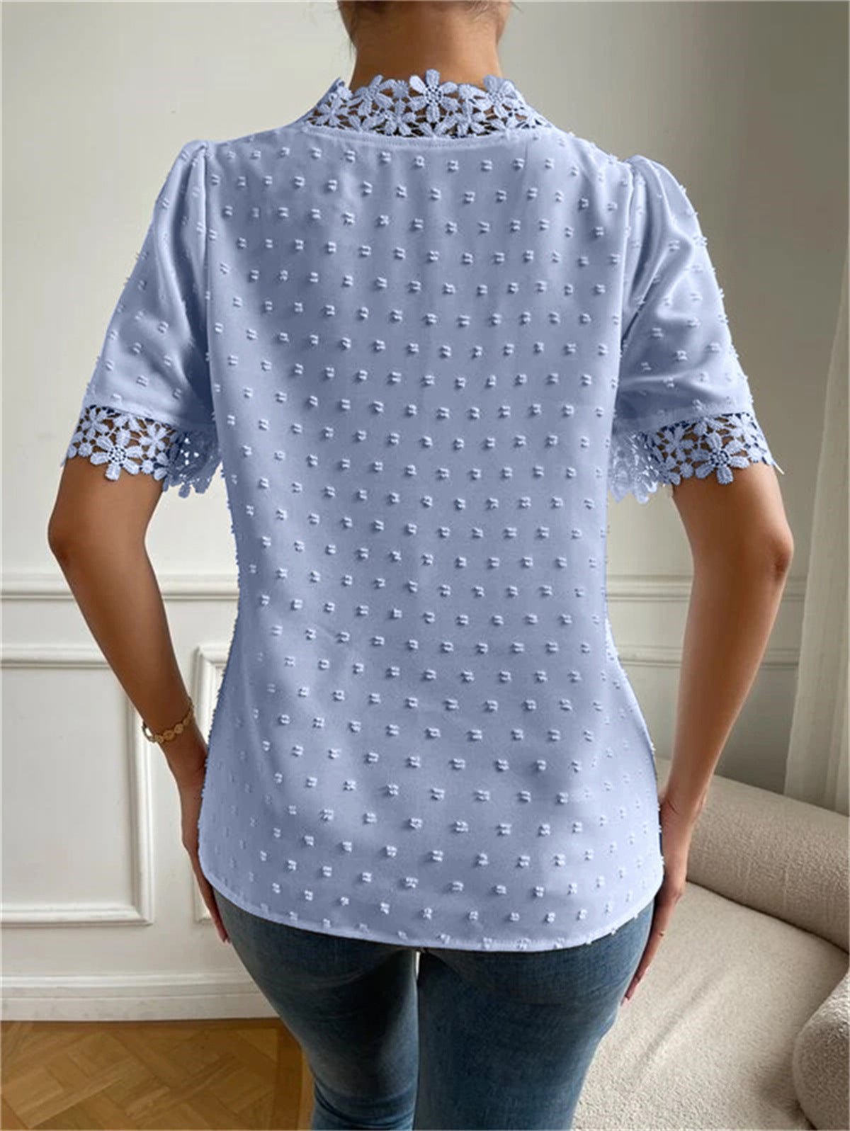 Floral Lace Short Sleeve Shirt Summer Fashion V-Neck Tops Women's Clothing.