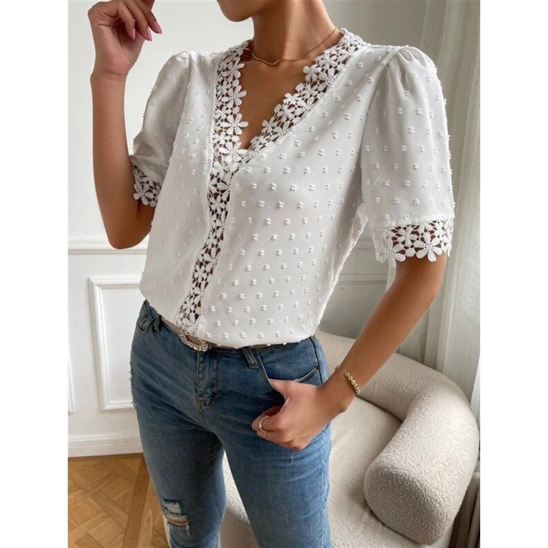 Floral Lace Short Sleeve Shirt Summer Fashion V-Neck Tops Women's Clothing.