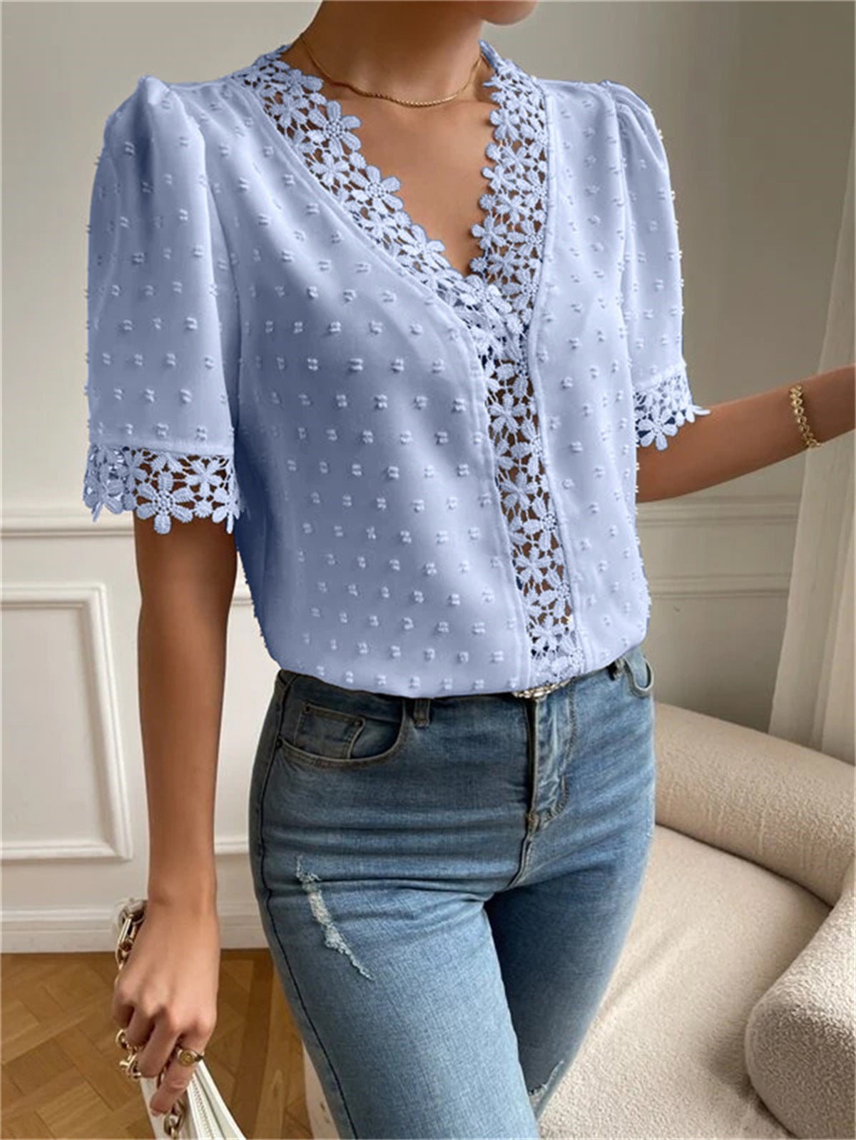 Floral Lace Short Sleeve Shirt Summer Fashion V-Neck Tops Women's Clothing.