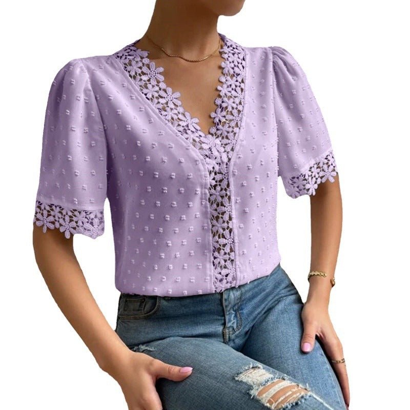 Floral Lace Short Sleeve Shirt Summer Fashion V-Neck Tops Women's Clothing.