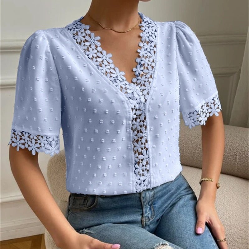 Floral Lace Short Sleeve Shirt Summer Fashion V-Neck Tops Women's Clothing.