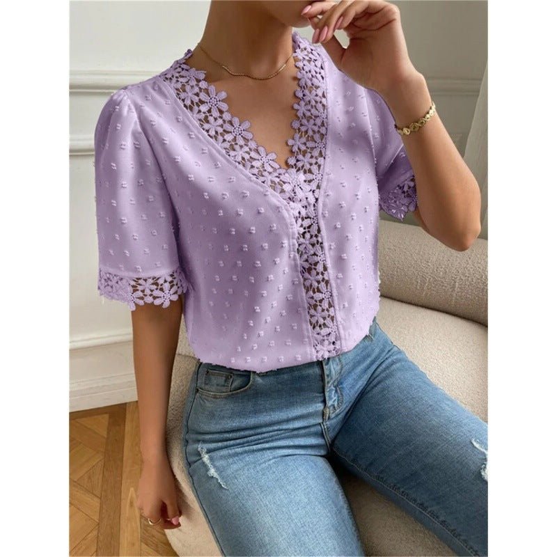 Floral Lace Short Sleeve Shirt Summer Fashion V-Neck Tops Women's Clothing.