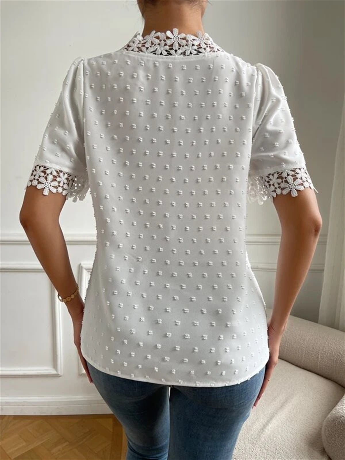 Floral Lace Short Sleeve Shirt Summer Fashion V-Neck Tops Women's Clothing.