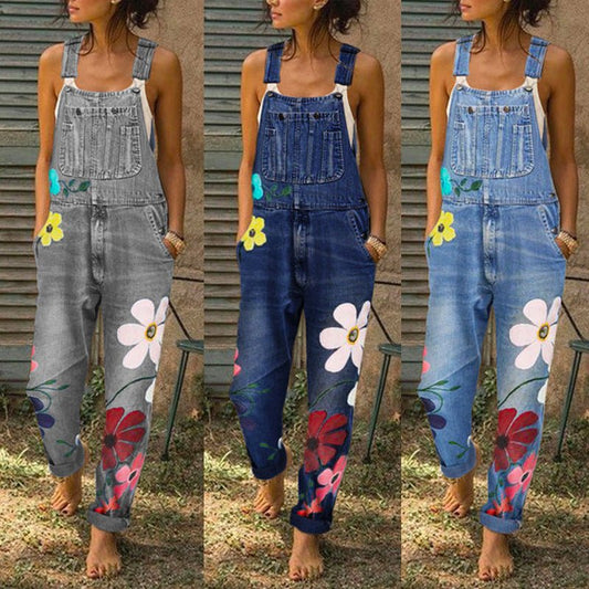 Floral Print Denim Overalls Long Trousers Jumpsuit With Pockets.