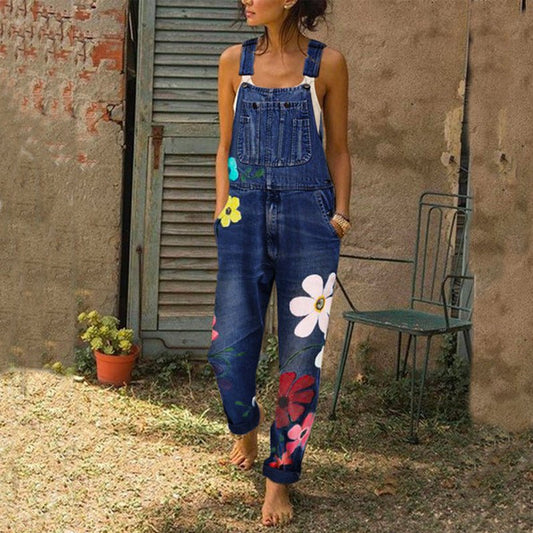 Floral Print Denim Overalls Long Trousers Jumpsuit With Pockets.