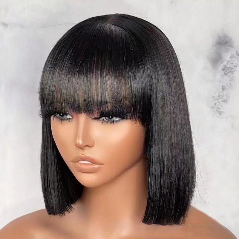 Hair Wig BOb With Bangs Realistic Look Lace Split Top Black Bobhaircut.