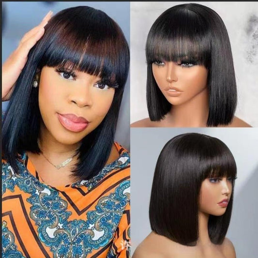 Hair Wig BOb With Bangs Realistic Look Lace Split Top Black Bobhaircut.