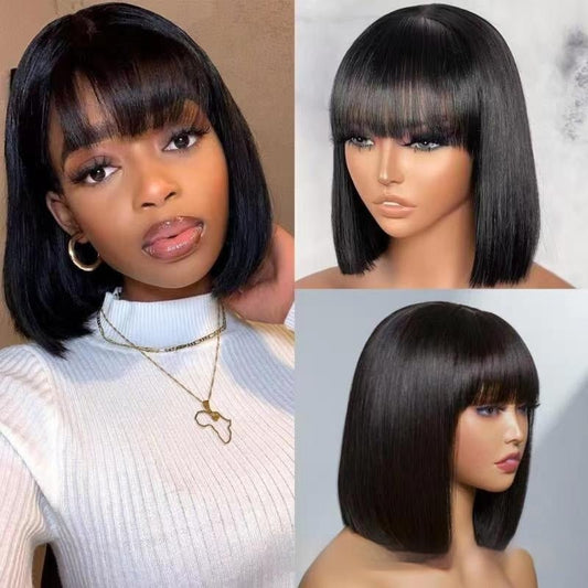 Hair Wig BOb With Bangs Realistic Look Lace Split Top Black Bobhaircut.