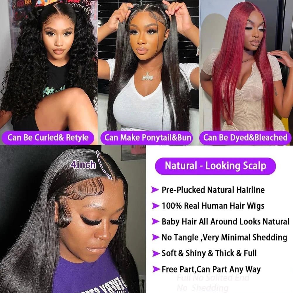 Collage of HD lace front human hair wigs showing styles: curly, straight, and colored options with features like natural scalp and no shedding.