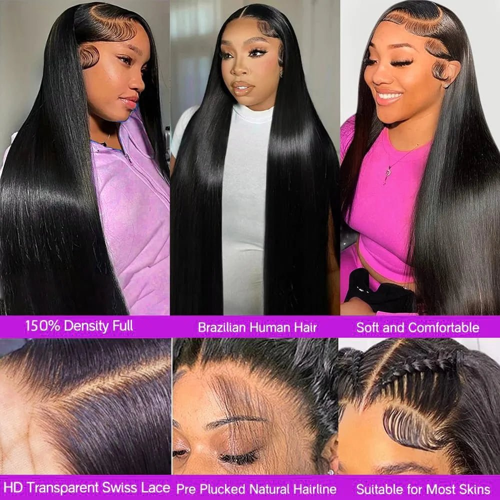 HD Lace Front Human Hair Wigs Straight, 150% Density, Brazilian Hair, Pre Plucked, Soft and Comfortable, Suitable for Most Skins.