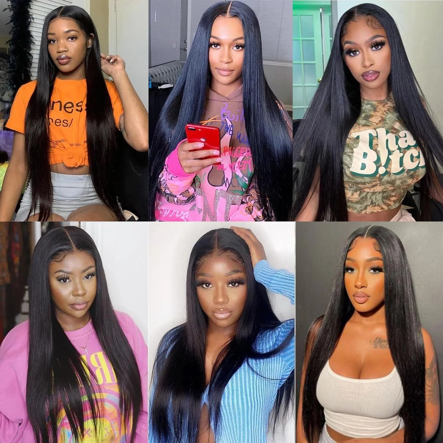 Collage of women wearing long straight HD lace front human hair wigs in various styles and colors.