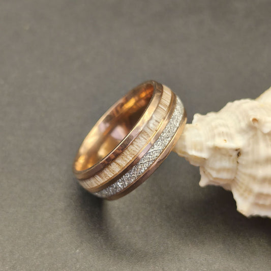 Inlaid Double Groove Marble Silver Stainless Steel Ring.