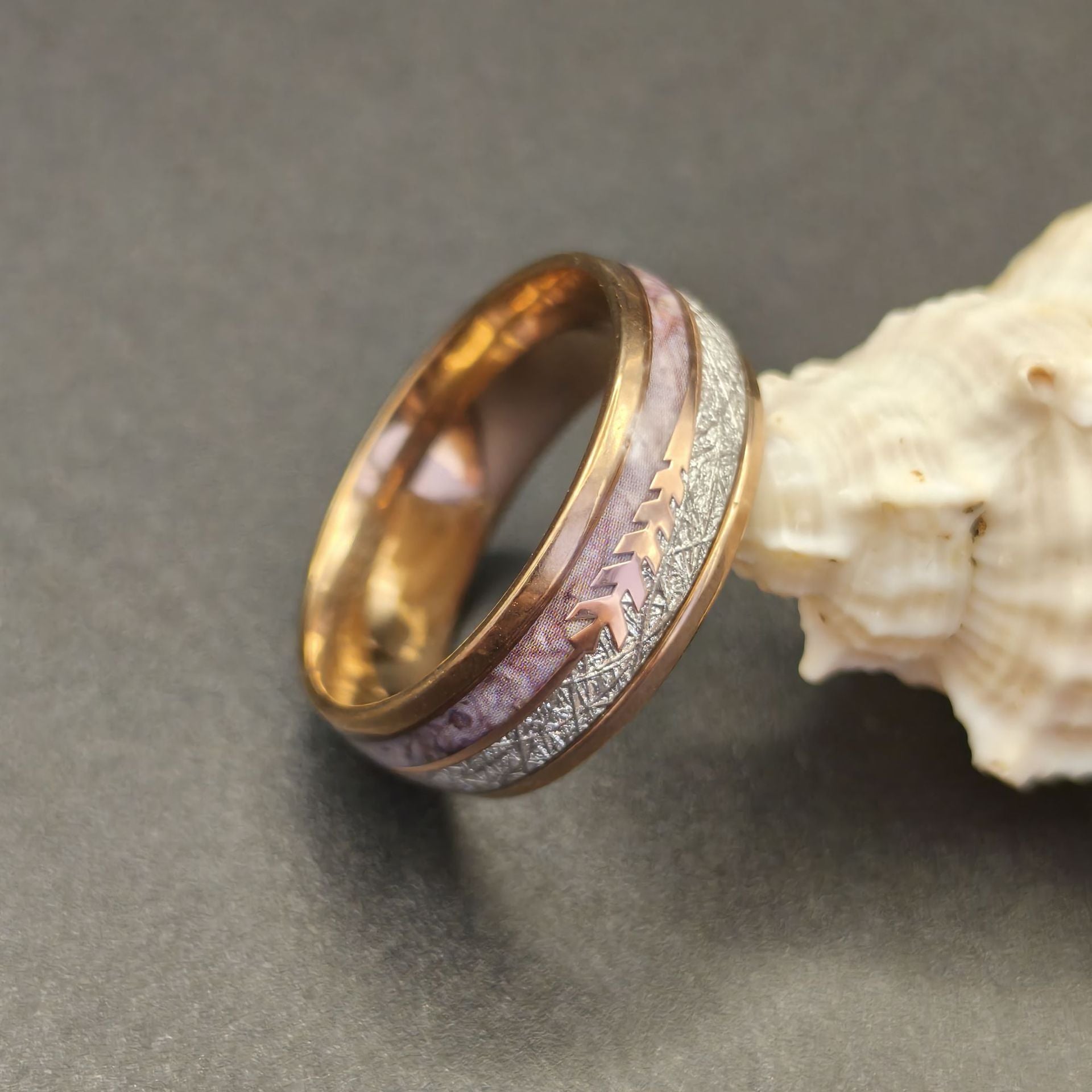 Inlaid Double Groove Marble Silver Stainless Steel Ring.