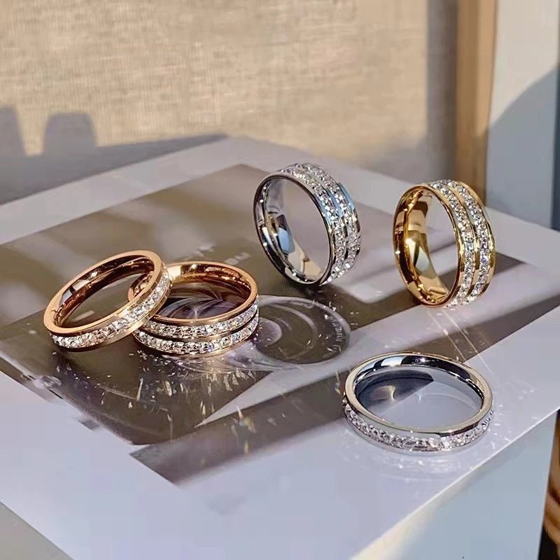 INS Rings Titanium Steel Couple Single And Double Row Diamond Ring.