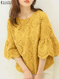 Le top en dentelle jaune moutarde est un incontournable pour un look estival à la fois élégant et tendance. Avec ses manches trois-quarts, sa coupe ample et ses détails crochetés, il apporte une touche de couleur et de f.