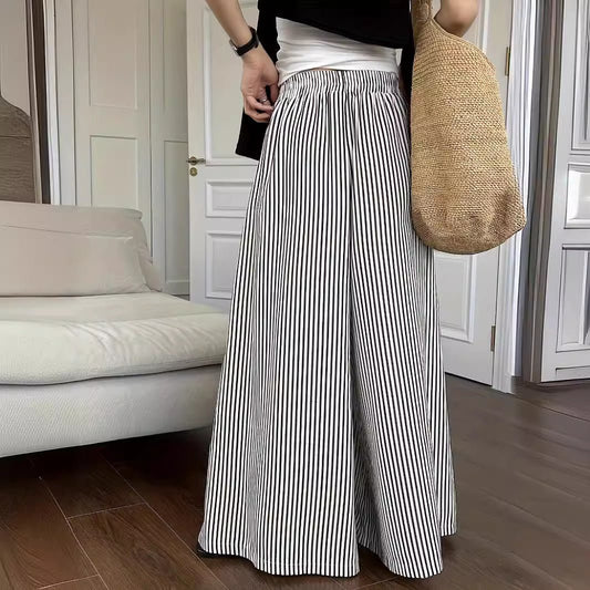 Leisure Striped Elastic Waist Wide-leg Draggle-tail Trousers.