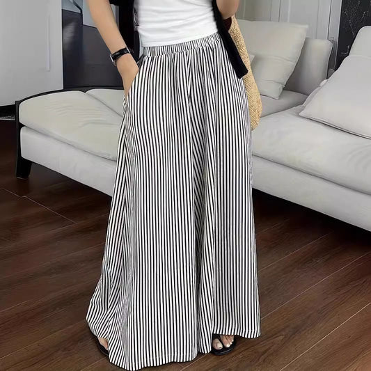 Leisure Striped Elastic Waist Wide-leg Draggle-tail Trousers.