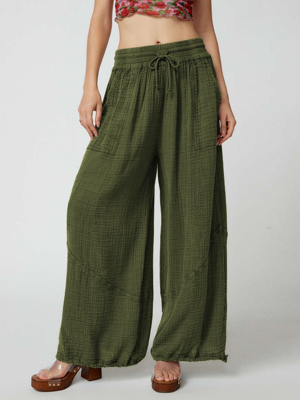 Loose Wide Leg Pants Women Drawstring Leggings Trousers.