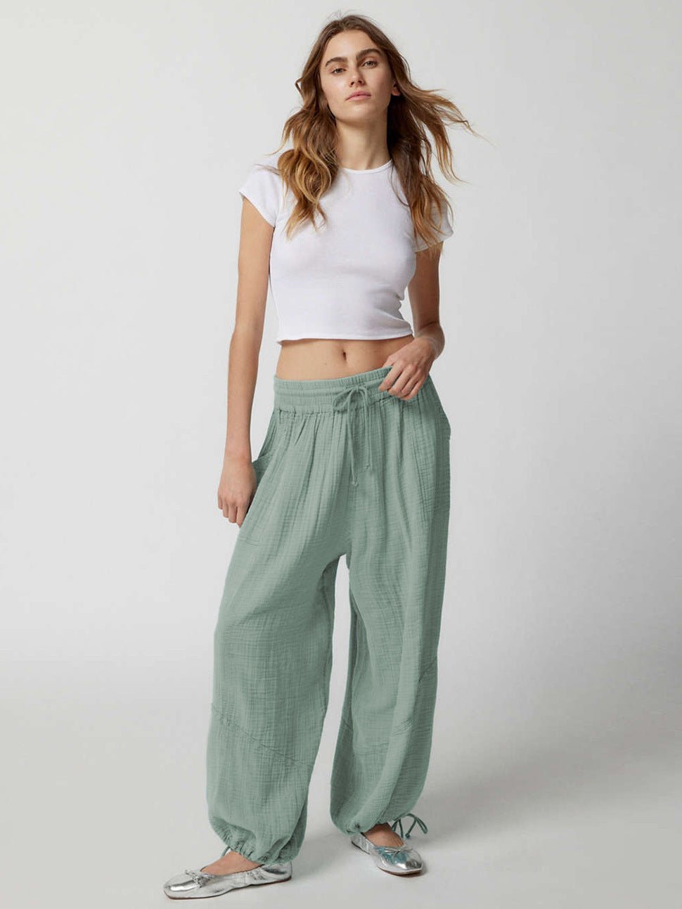Loose Wide Leg Pants Women Drawstring Leggings Trousers.
