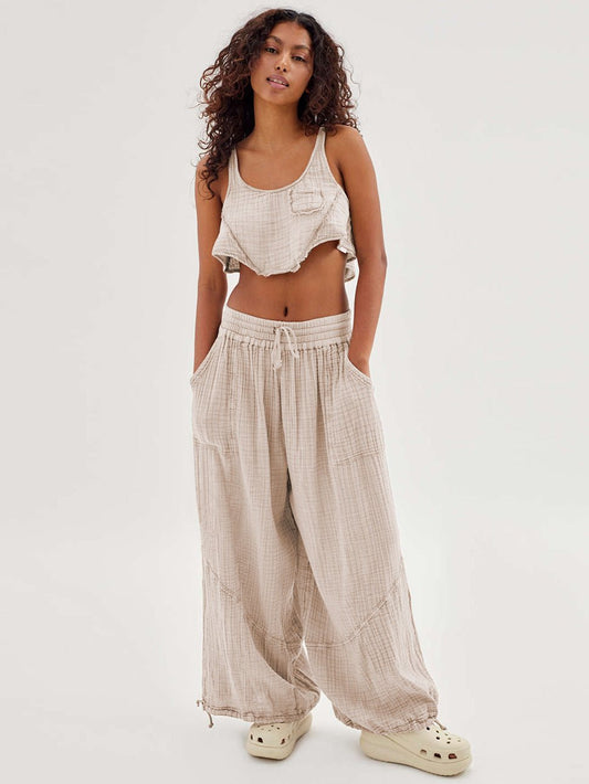 Loose Wide Leg Pants Women Drawstring Leggings Trousers.