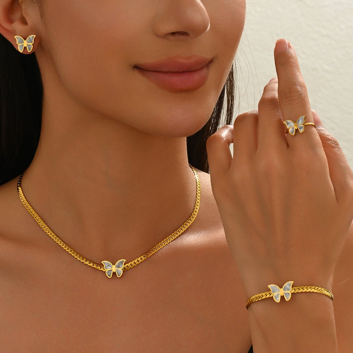 Lxalry 18K Gold Plated Butterfly Jewelry Set With Mirror Polish  Hypoallergenic Skin Safe 4PCS Necklace Earrings Bracelet Ring For Women, Never Fade Luxury Gift For Her.