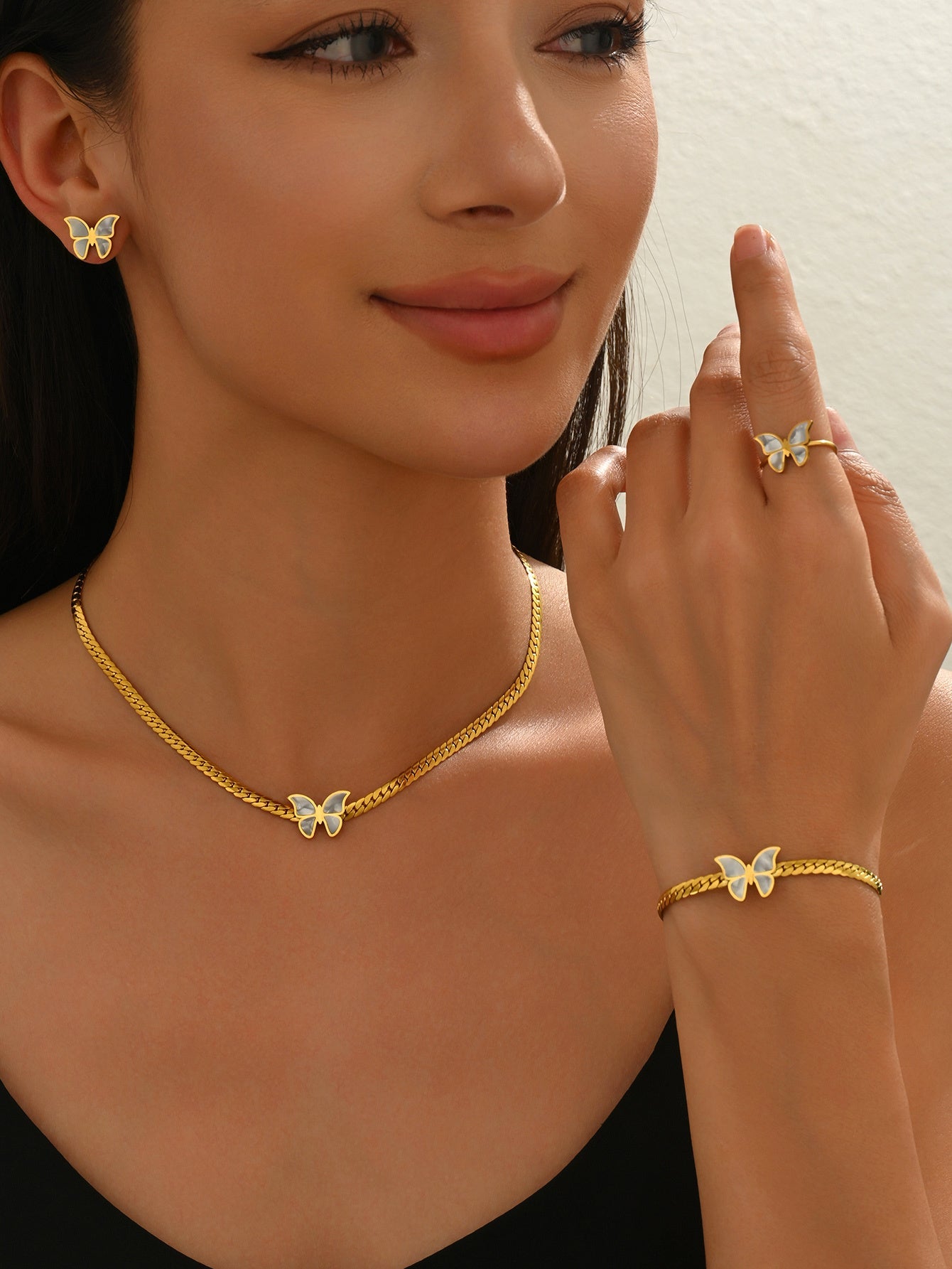 Lxalry 18K Gold Plated Butterfly Jewelry Set With Mirror Polish  Hypoallergenic Skin Safe 4PCS Necklace Earrings Bracelet Ring For Women, Never Fade Luxury Gift For Her.