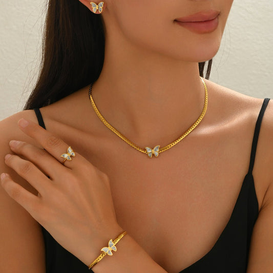 Lxalry 18K Gold Plated Butterfly Jewelry Set With Mirror Polish  Hypoallergenic Skin Safe 4PCS Necklace Earrings Bracelet Ring For Women, Never Fade Luxury Gift For Her.