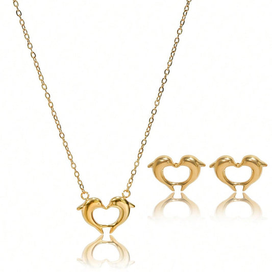 Lxalry 18K Gold Plated Heart Dolphins Mirror Jewelry Set  Hypoallergenic Skin Safe Necklace   Stud Earrings For Couple S Gift Daily Wear  Never Fade Adjustable Luxury With Precision Cast Symmetry.