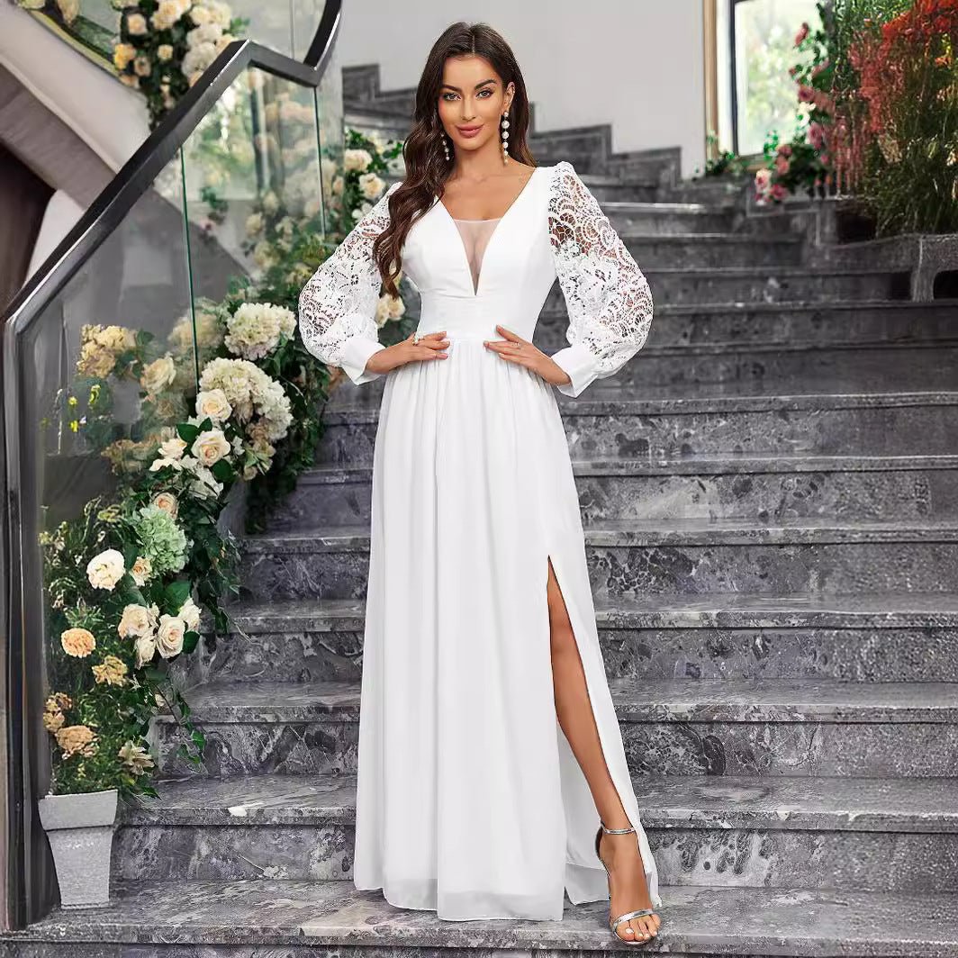 New Solid Color Elegant V-neck Slim Fit Slit Long Sleeve Dress.