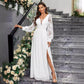 New Solid Color Elegant V-neck Slim Fit Slit Long Sleeve Dress.