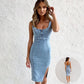 New U-neck Suspender Denim Dress Summer Casual Tight Slim Fit Dresses With Slit Design Womens Clothing.