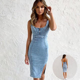 New U-neck Suspender Denim Dress Summer Casual Tight Slim Fit Dresses With Slit Design Womens Clothing.