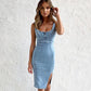 New U-neck Suspender Denim Dress Summer Casual Tight Slim Fit Dresses With Slit Design Womens Clothing.