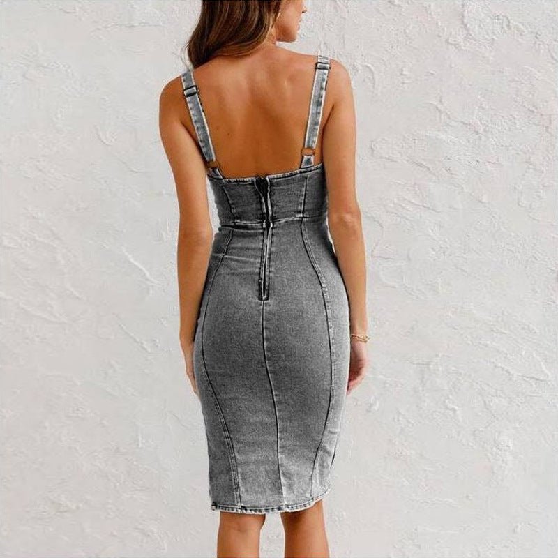 New U-neck Suspender Denim Dress Summer Casual Tight Slim Fit Dresses With Slit Design Womens Clothing.