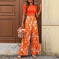 Top orange à manches bouffantes + pantalon fluide imprimé feuilles Taille haute flatteuse – Parfait pour la plage, les vacances ou une sortie entre copines.Léger, color block, 100 % glamour..