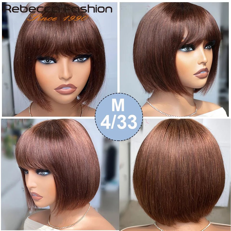 Perruque bob lisse avec frange en cheveux humains brésiliens, raie centrale et finition réaliste, coupe chic.