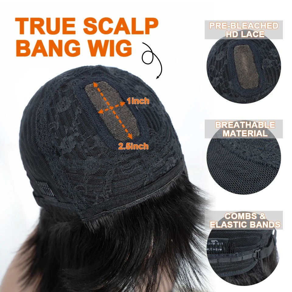 Wig cap features of the True Scalp Bang Wig, including pre-bleached lace, breathable material, and elastic bands for secure fit.