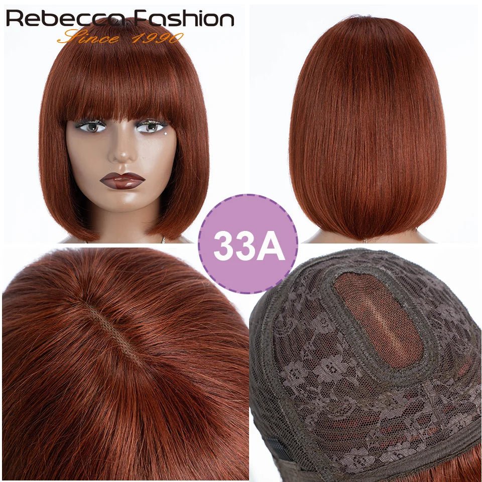 Perruque bob lisse en cheveux humains brésiliens avec frange, raie centrale et finition réaliste.