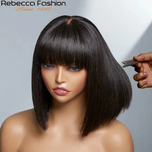 Perruque bob lisse avec frange en cheveux humains brésiliens, look naturel et élégant, finition réaliste.