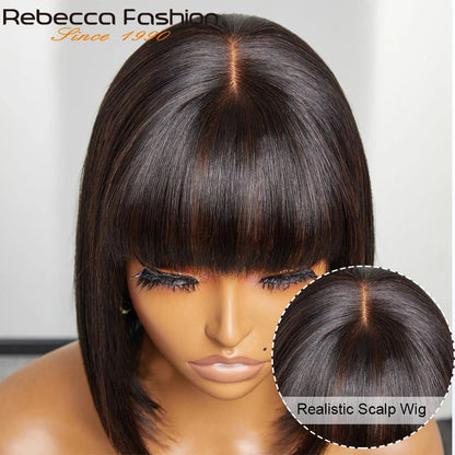 Perruque bob lisse brésilien avec frange, raie centrale et finition réaliste, idéale pour un look chic.
