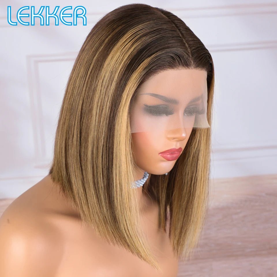Perruque bob lisse méché brun clair en cheveux Remy, style naturel avec lace front 13x1, idéale pour un look chic au quotidien.