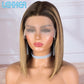 Lisse bob méché brun clair en cheveux humains Remy, avec front lace transparent, style chic et naturel.