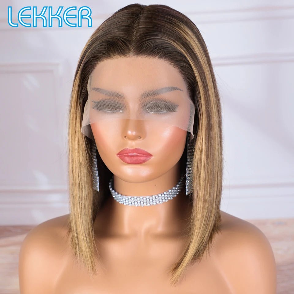 Lisse bob méché brun clair en cheveux humains Remy, avec front lace transparent, style chic et naturel.