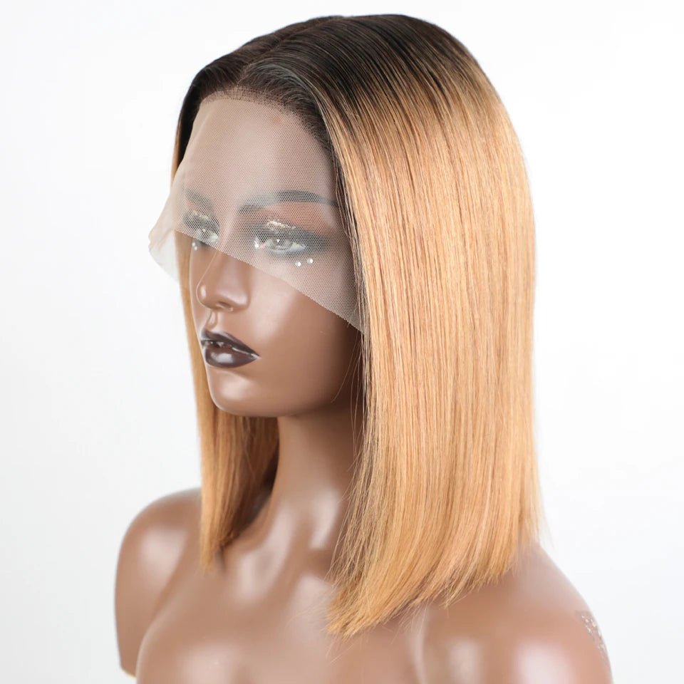 Perruque bob lisse méché brun clair en cheveux Remy avec lace front transparents pour un look naturel et élégant.