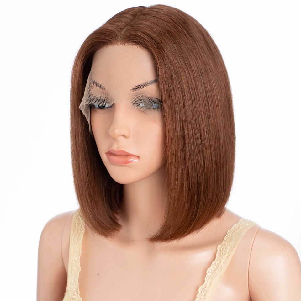 Perruque bob lisse méché brun clair en cheveux humains Remy, coupe courte et tendance avec lace frontale T-Part.