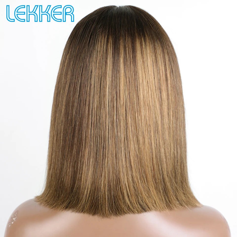 Perruque bob lisse méché brun clair en cheveux humains Remy, coupe courte, légère et tendance, brand LEKKER.