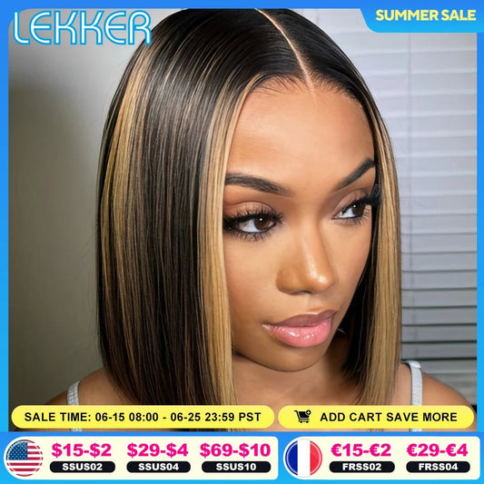 Perruque bob lisse méché brun clair en cheveux humains Remy, avec une coupe courte et naturelle, idéale pour un look quotidien.