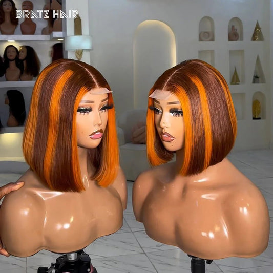 Perruque bob lisse orange cuivré en cheveux humains vietnamiens, style tendance en lace frontale HD 13x6.